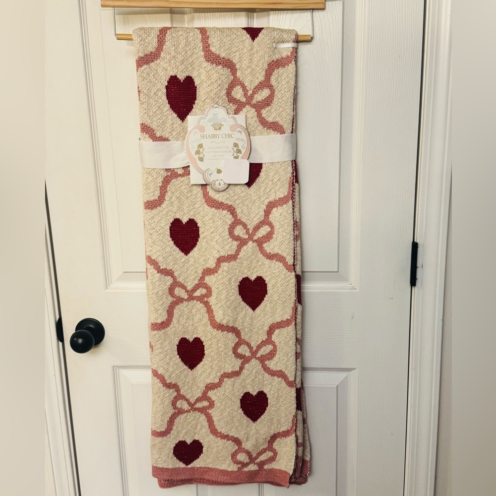 SHABBY CHIC Cotton Decorative Throw With Hearts/Coquette Bows - 50"x70"